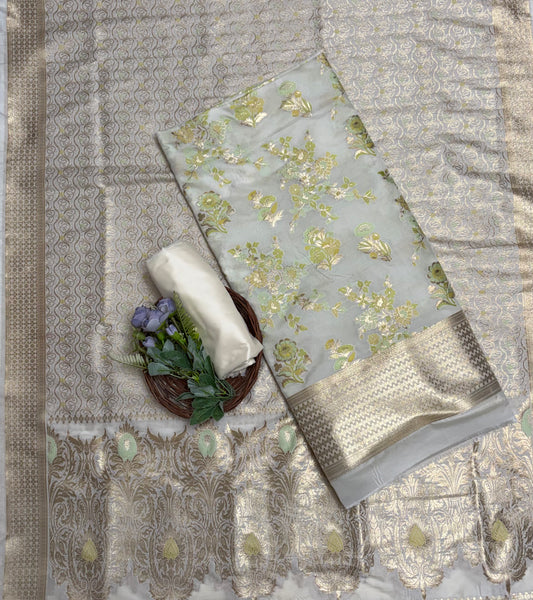 Banarasi Silk Cream Suit Fabric / Banarasi Baithak