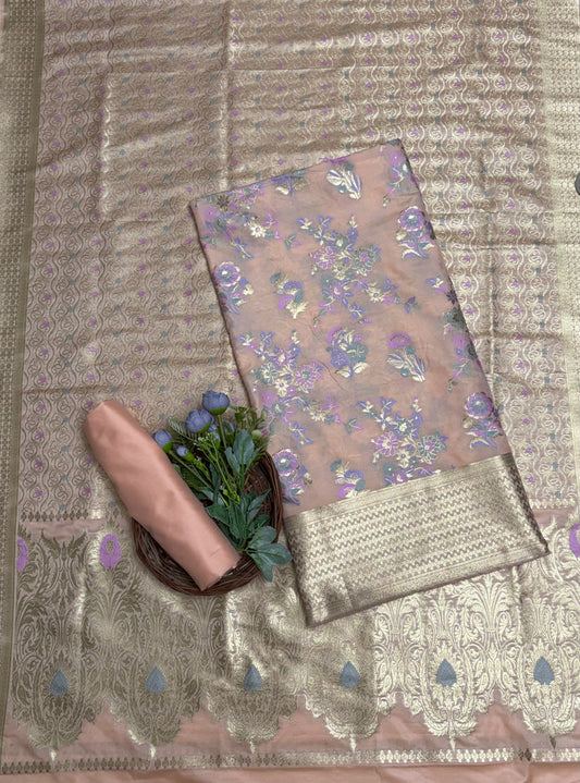 Banarasi Silk Peach Suit Fabric / Banarasi Baithak