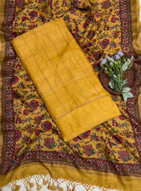 Pure Tassar Silk Yellow Suit Fabric / Banarasi Baithak