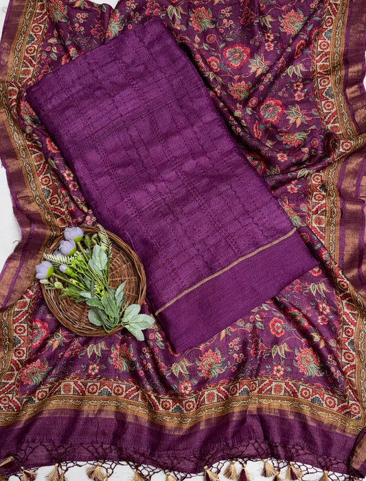 Pure Tassar Silk Purple Wine Suit Fabric / Banarasi Baithak