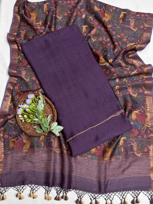 Pure Munga Silk Wine Suit Fabric / Banarasi Baithak