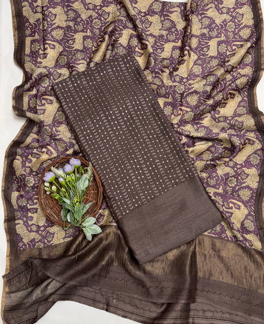 Pure Munga Silk Brown Suit Fabric / Banarasi Baithak