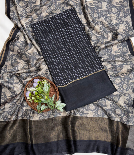 Pure Munga Silk Black Suit Fabric / Banarasi Baithak