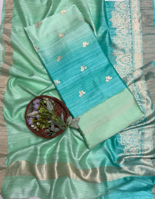 Pure Ghicha Silk Green With Sea Green Suit Fabric / Banarasi Baithak
