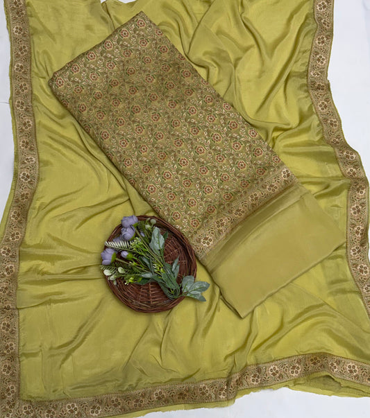 Pure Khaddi Georgette Pista Green Suit Fabric / Banarasi Baithak