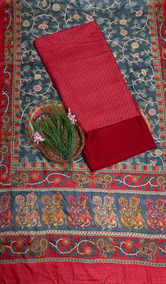 Pure Munga Silk  Red Suit Fabric / Pure Munga Silk Suits