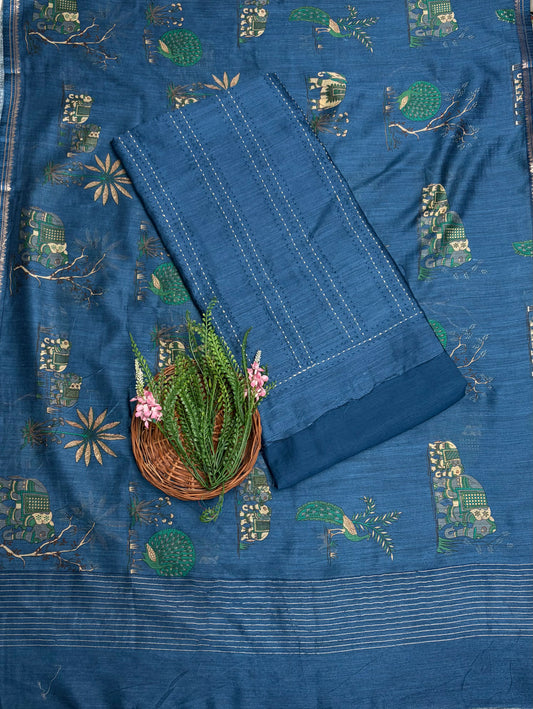 Pure Munga Silk  Blue Suit Fabric / Pure Munga Silk Suits