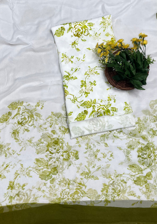 Chinon White With Green Suit Fabric / CKC Phoolon Ka Ghar