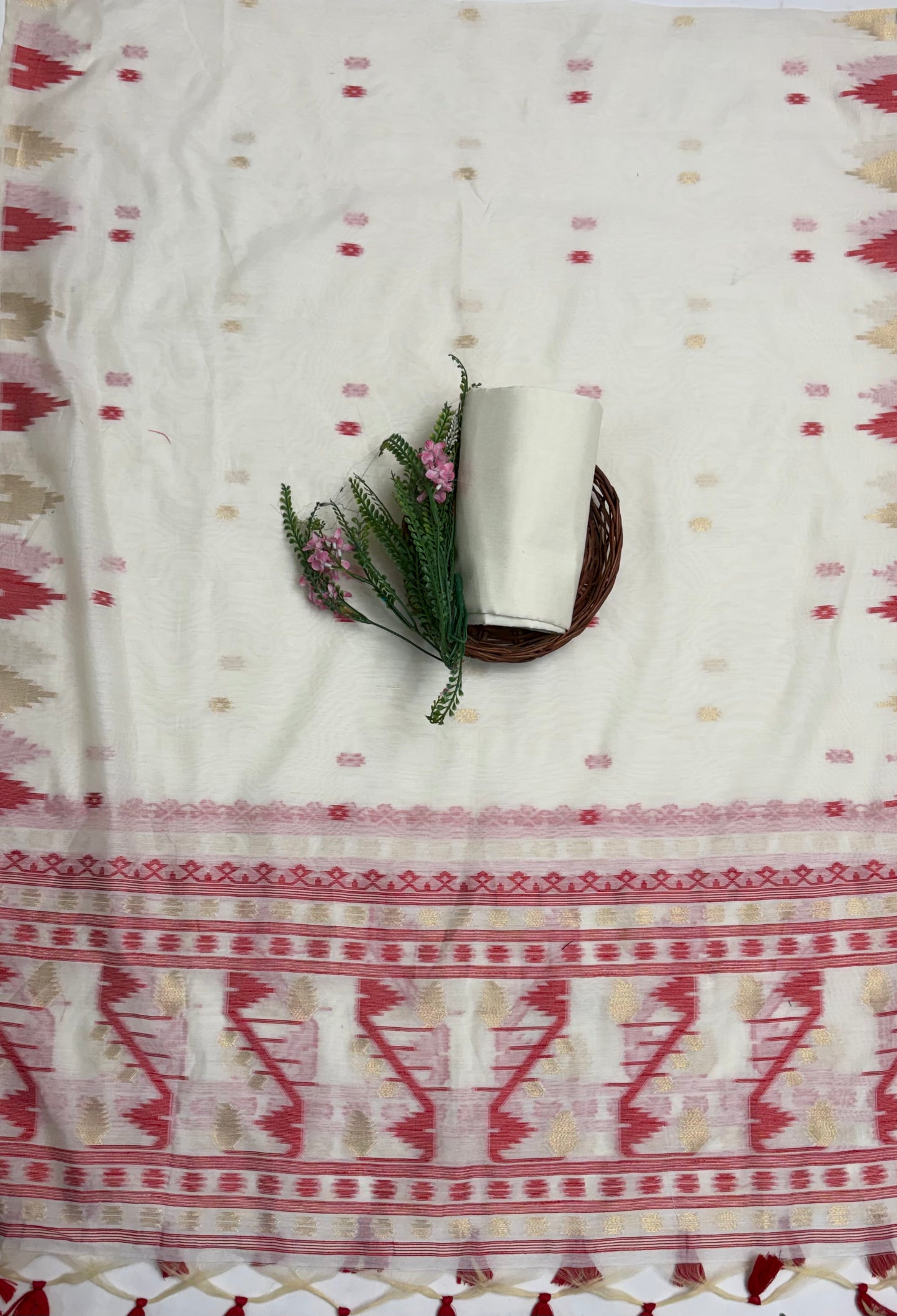Jamdani White With Red Suit Fabric / Jamdani Suits