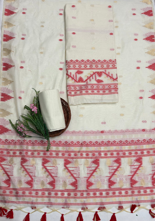 Jamdani White With Red Suit Fabric / Jamdani Suits