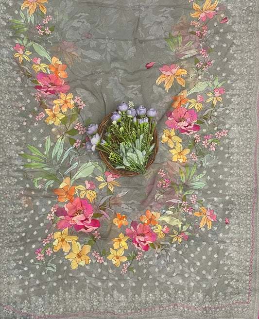 चिनॉन क्रेप मस्टर्ड सूट फैब्रिक / फूलों का घर