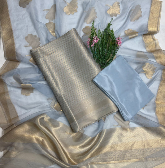 Brocade Ice Blue Suit Fabric / Banarasi Baithak