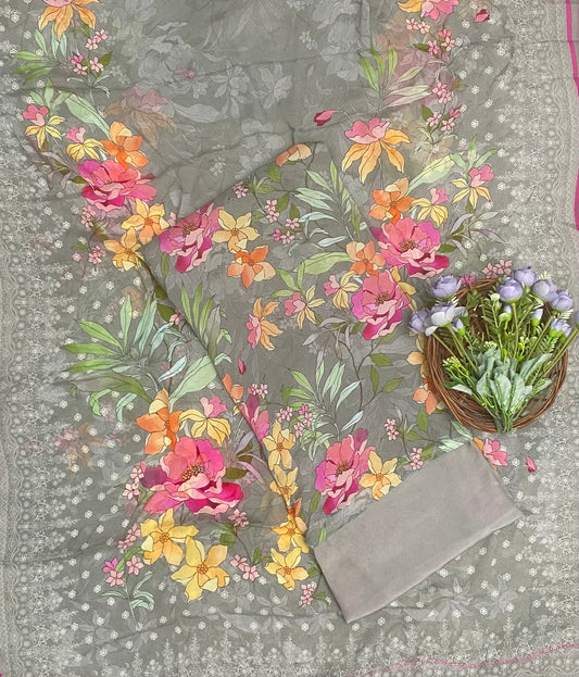 चिनॉन क्रेप मस्टर्ड सूट फैब्रिक / फूलों का घर