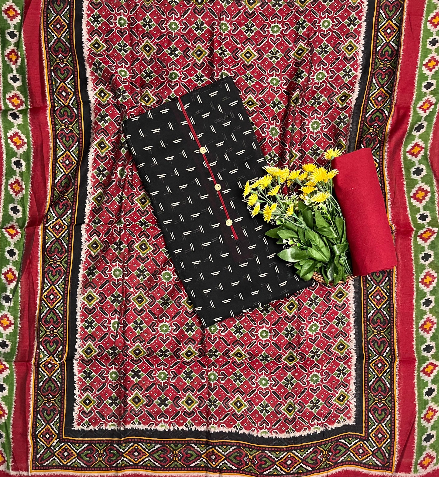 354A Cotton Black With Red Suit Fabric / CKC Cotton Bazaar