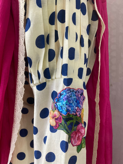 Cotton Cream With Navy Blue Stitched Suit / CKC Polka Petals