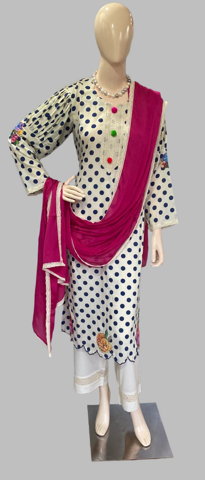 Cotton Cream With Navy Blue Stitched Suit / CKC Polka Petals