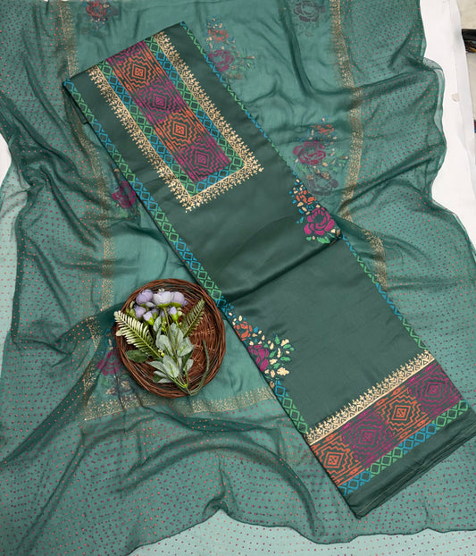 Cotton Dusty Green Suit Fabric / Block Printing Suits