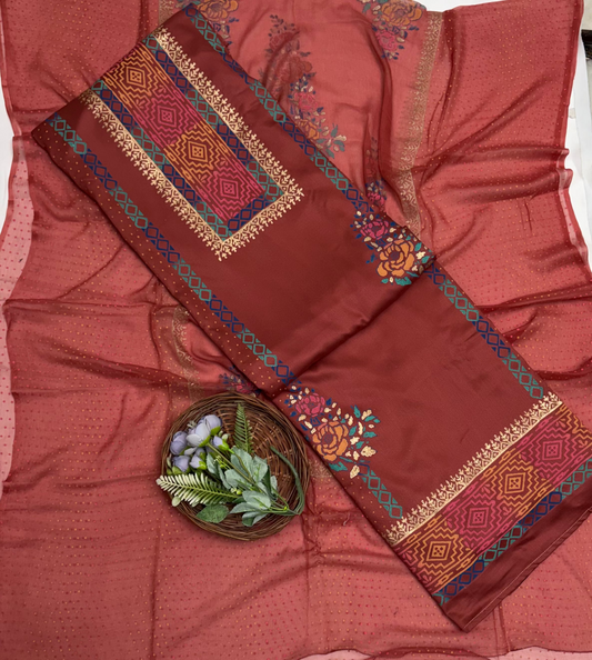 Cotton Dusty Brown Suit Fabric / Block Printing Suits