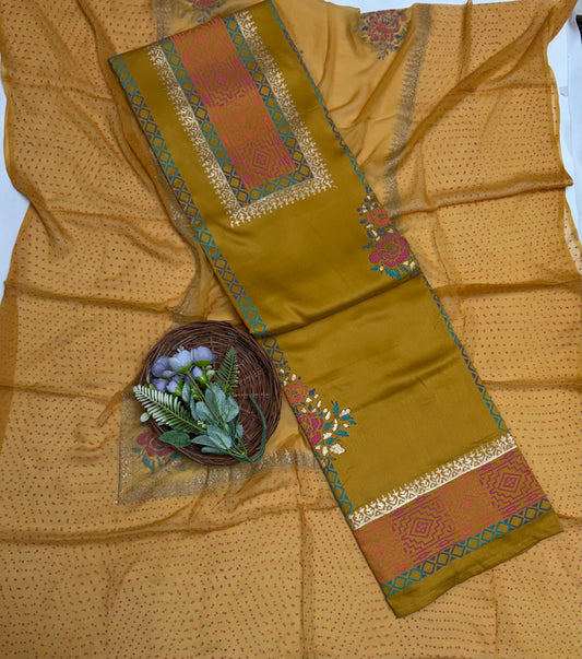 Cotton Dusty Mustard Suit Fabric / Block Printing Suits