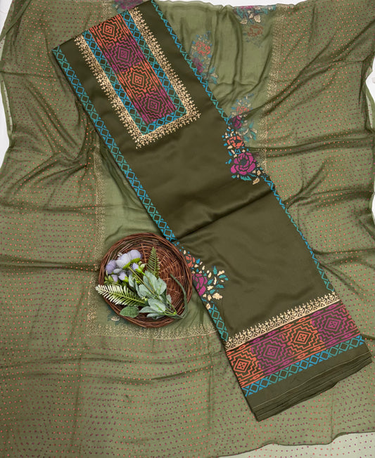 Cotton Mehndi Green Suit Fabric / Block Printing Suits