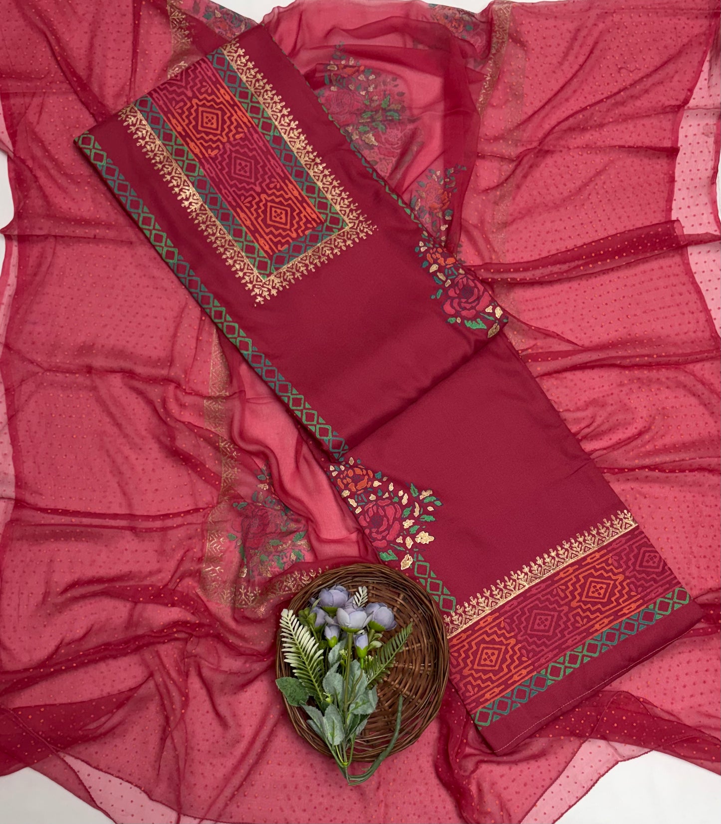 Cotton Carrot Pink Suit Fabric / Block Printing Suits
