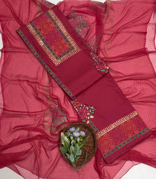 Cotton Carrot Pink Suit Fabric / Block Printing Suits
