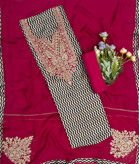 59 Satin Silk Beige With Majenta Suit Fabric/ CKC Partywear Collection