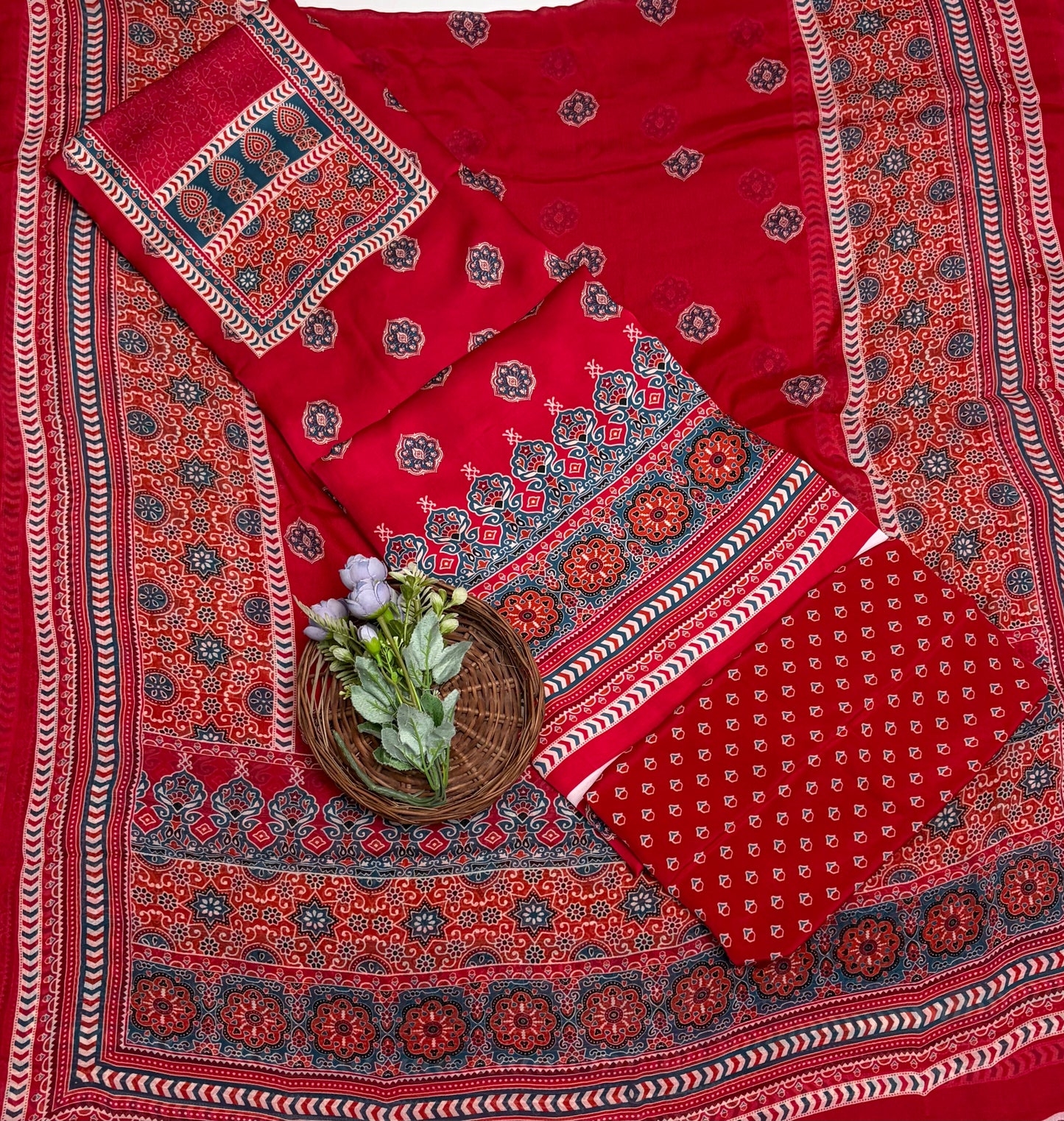 Satin Modal Red Suit Fabric / Phoolon Ka Ghar