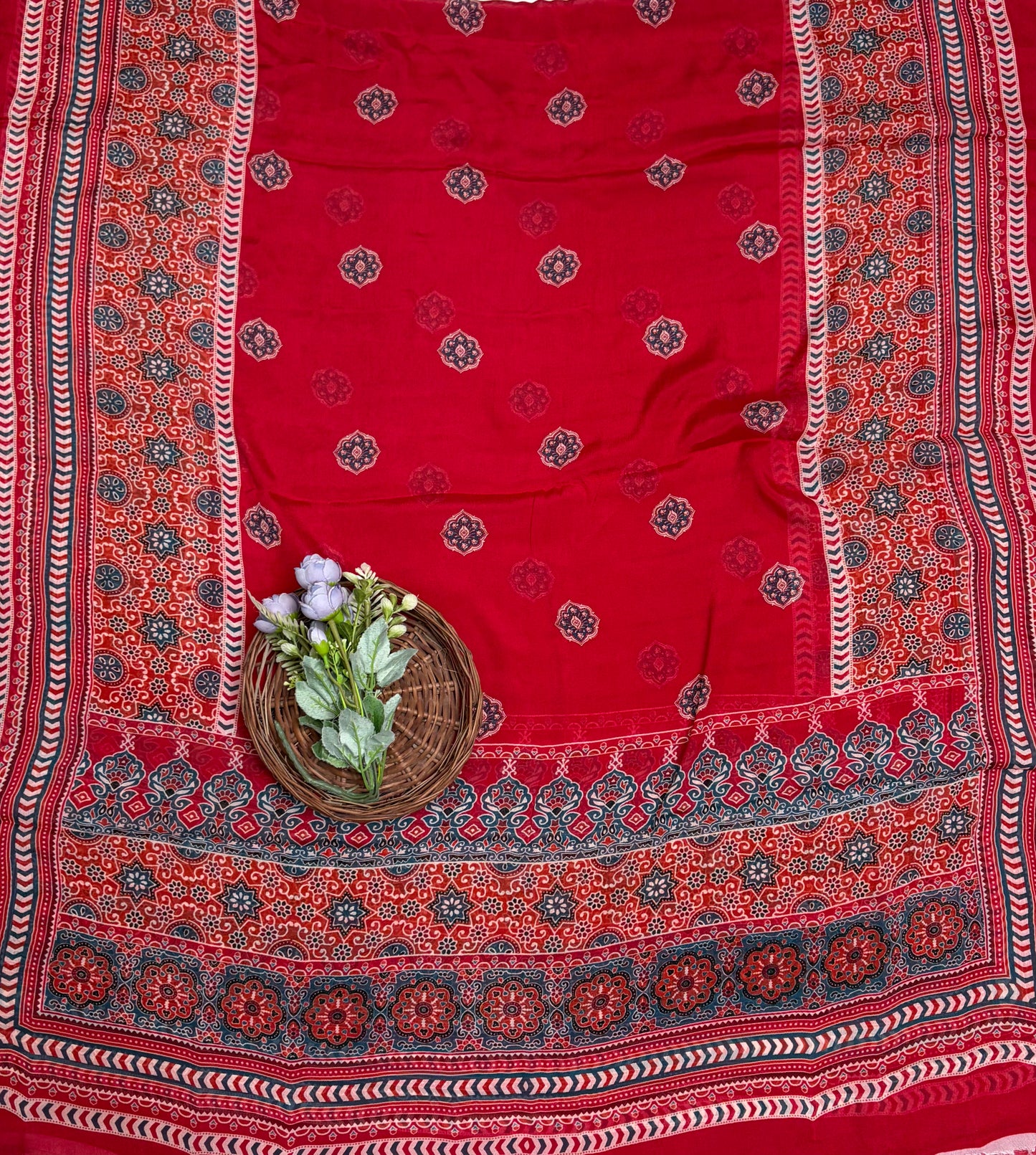 Satin Modal Red Suit Fabric / Phoolon Ka Ghar