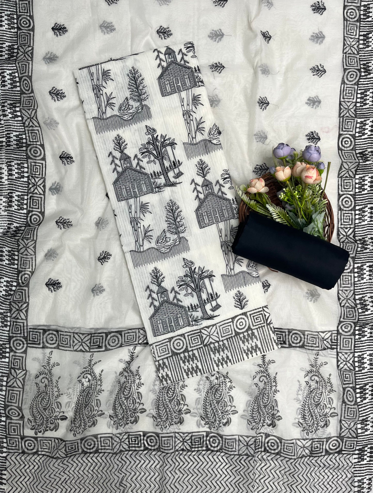 Ckc 456 Mal Chanderi Cream With Black Suit Fabric/ CKC Mal Cotton