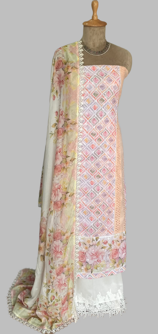 Cotton Chikan Peach Suit Fabric / Lacey Attires