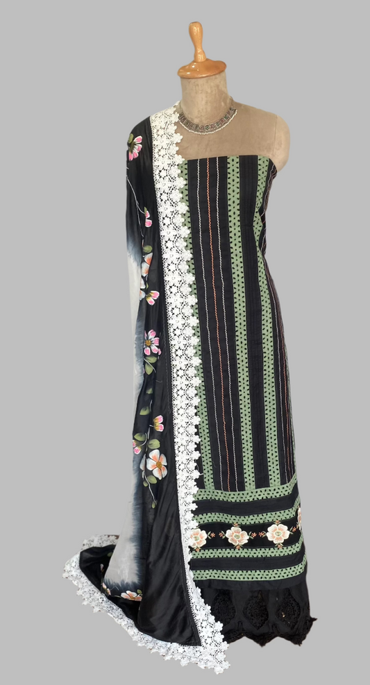 Cotton Black With Green  Suit Fabric / Lacey Attires
