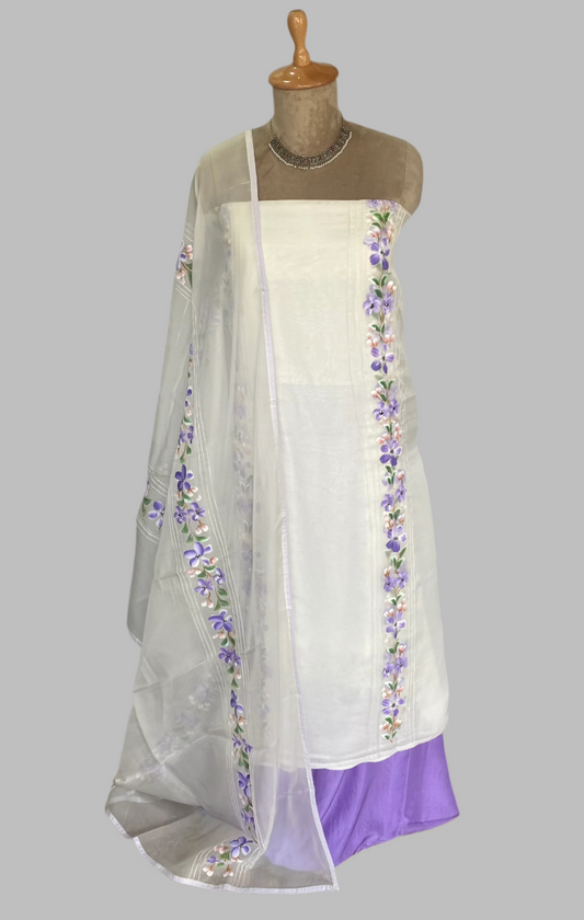Organza Cream With Mauve Suit Fabric / Lacey Attires