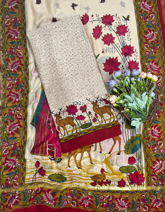 Pure Maheshwari Beige Suit Fabric / CKC Maheshwari Suits