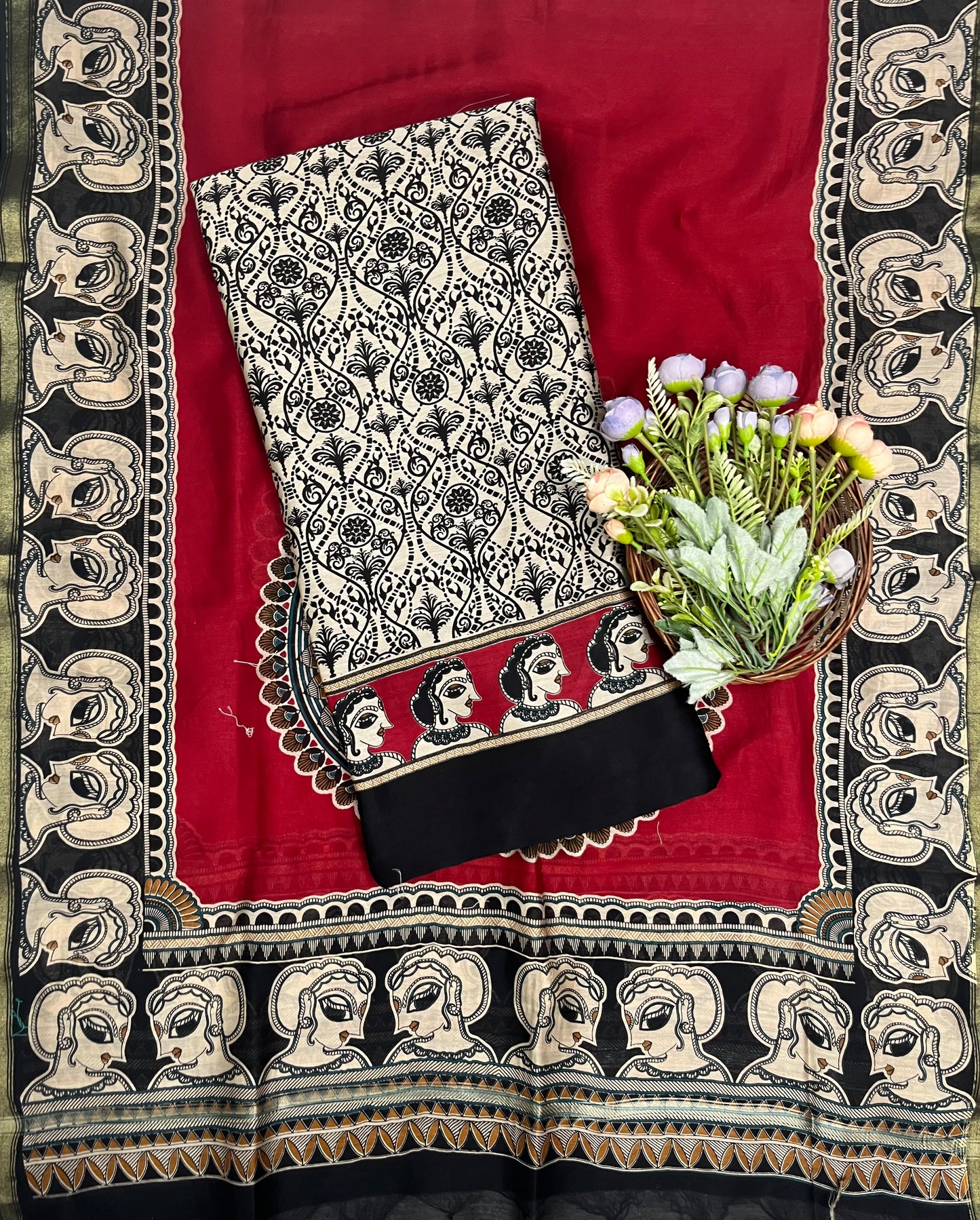 Pure Maheshwari Beige With Black Suit Fabric / CKC Maheshwari Suits