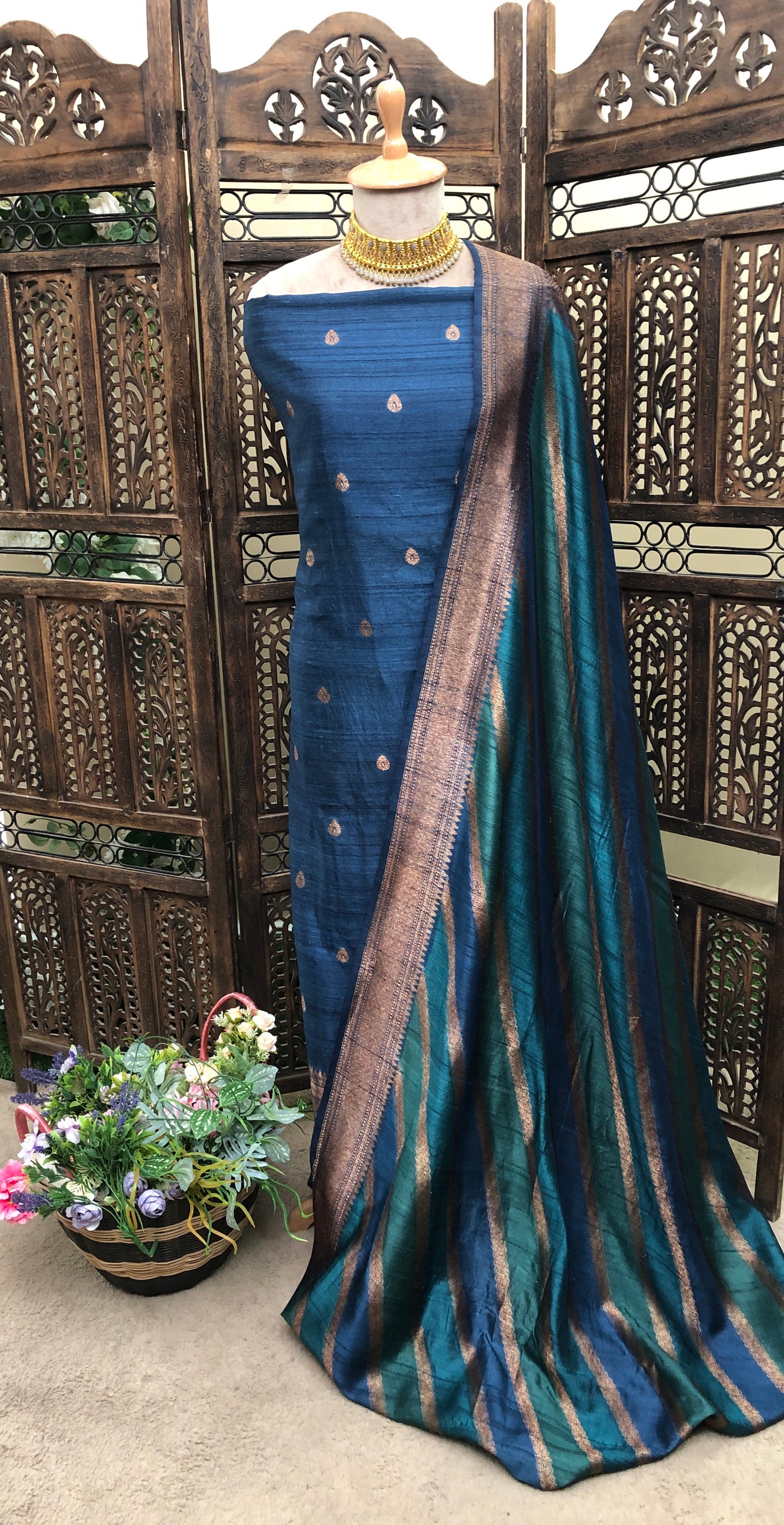 Pure Tusser Silk Navy Blue Suit Fabric / Banarasi Hut Collection