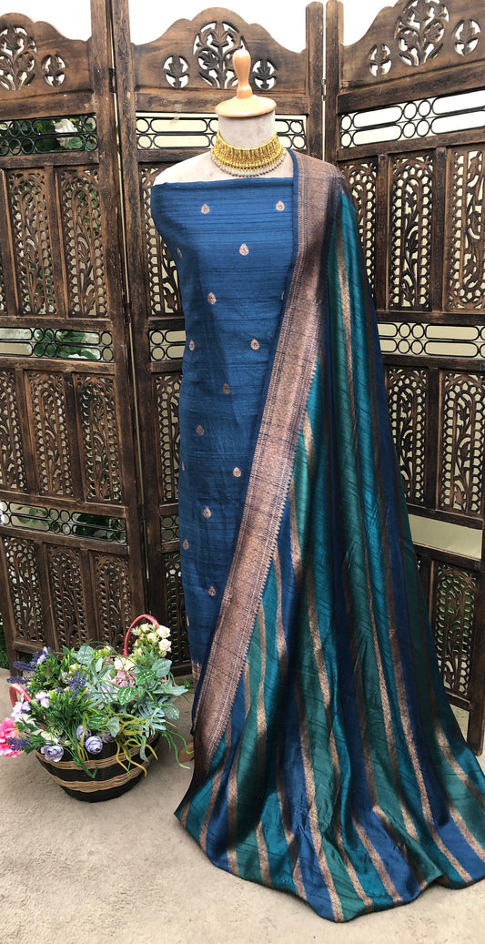 Pure Tusser Silk Navy Blue Suit Fabric / Banarasi Hut Collection