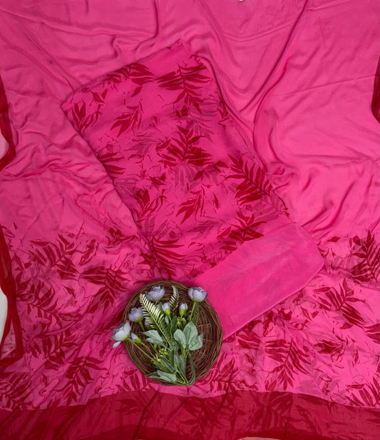 Chiffon Pink with Red Suit Fabric / Phoolon Ka Ghar