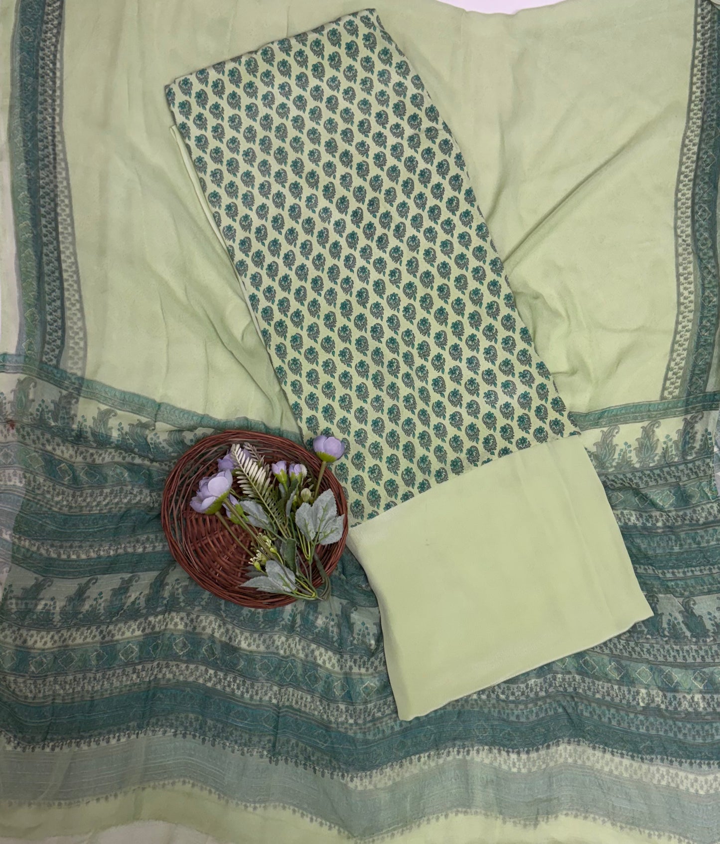 Crepe Light Green Suit Fabric / Phoolon Ka Ghar