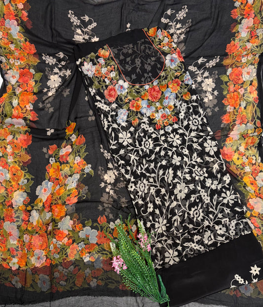 Chiffon Black Suit Fabric / Phoolon Ka Ghar