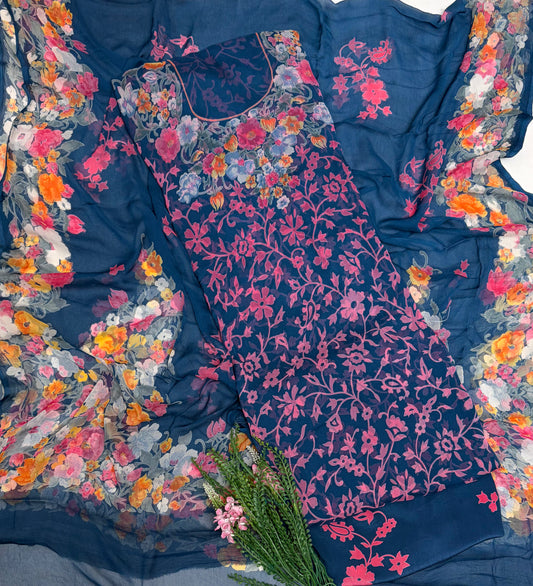 Chiffon Navy Blue Suit Fabric / Phoolon Ka Ghar
