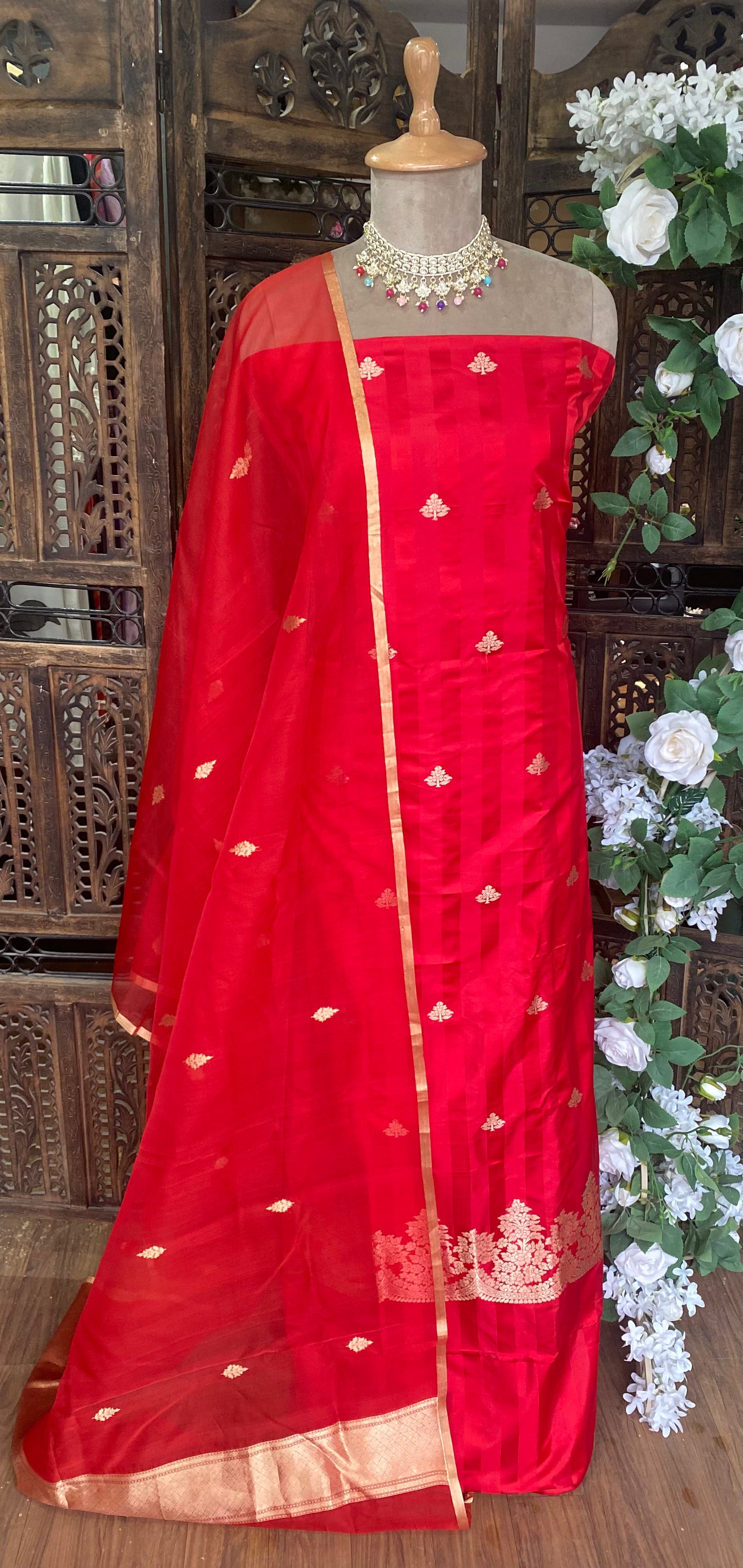 Pure Silk Banarasi Red Suit Fabric / Banarasi Hut Collection