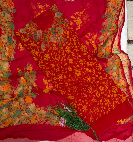 Chiffon Red Suit Fabric / Phoolon Ka Ghar