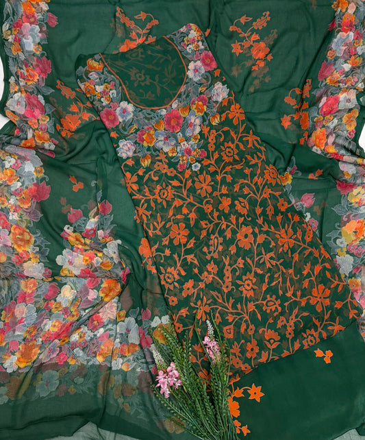 Chiffon Dark Green Suit Fabric / Phoolon Ka Ghar