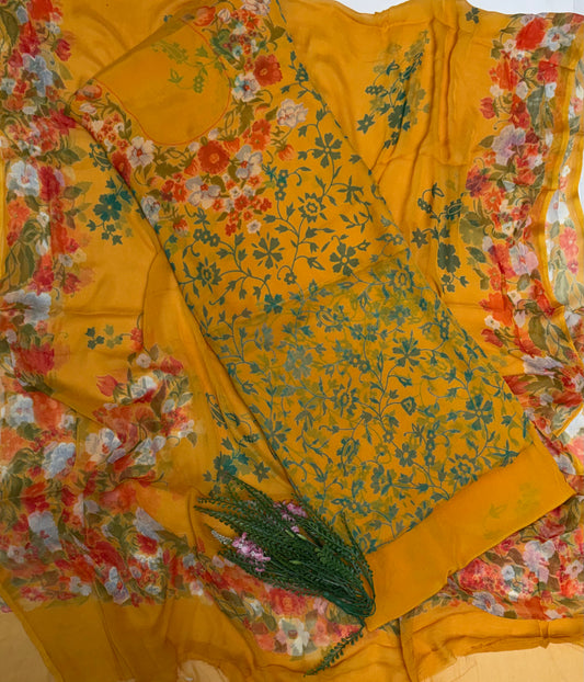 Chiffon Mustard Suit Fabric / Phoolon Ka Ghar