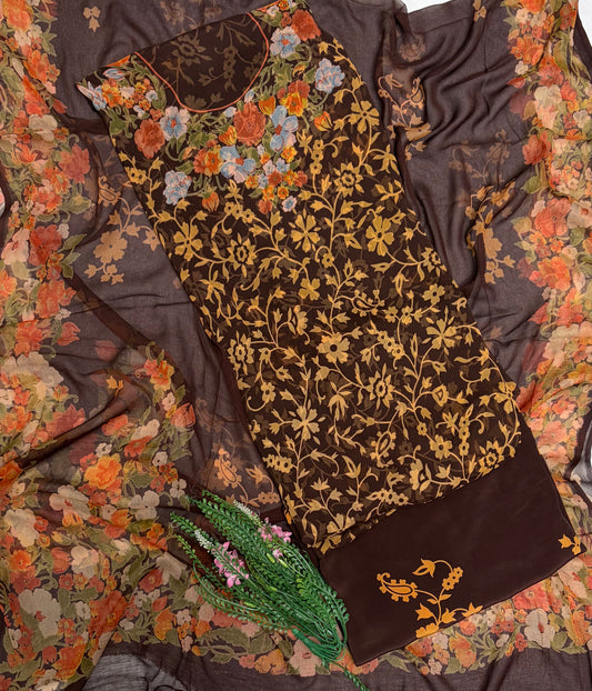 Chiffon Brown Suit Fabric / Phoolon Ka Ghar