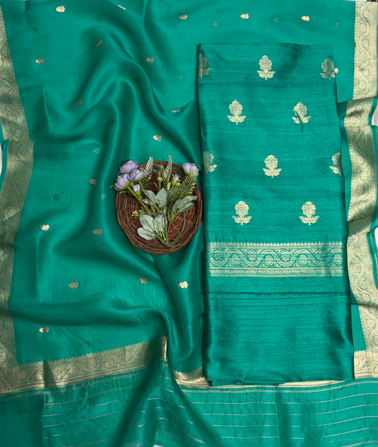 Pure Raw Silk Dark Sea Green Suit Fabric / Banarasi Baithak