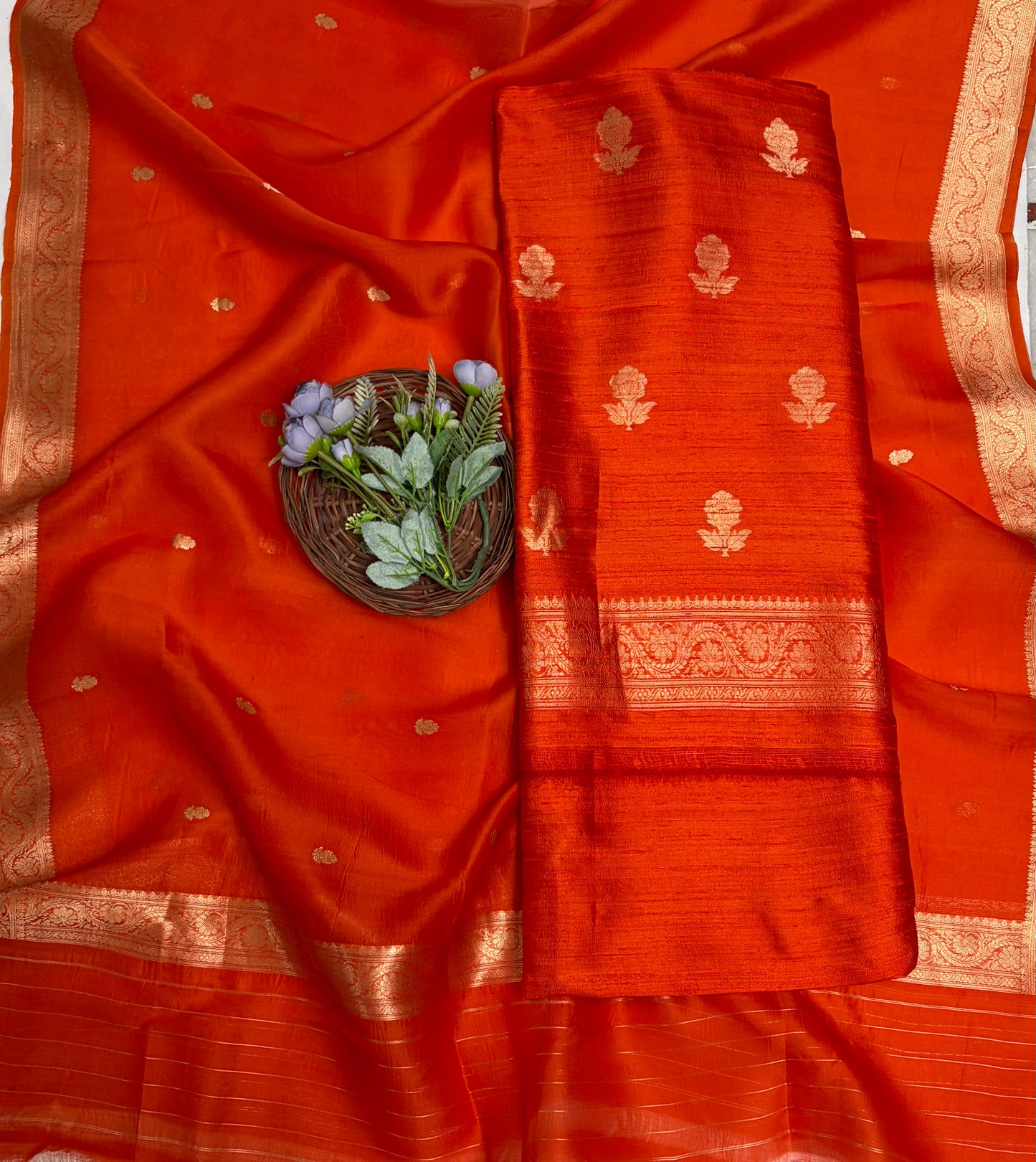 Pure Raw Silk Orange Suit Fabric / Banarasi Baithak