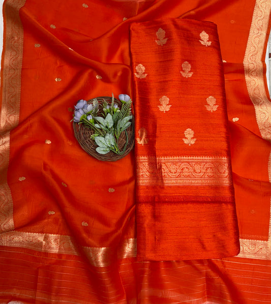 Pure Raw Silk Orange Suit Fabric / Banarasi Baithak
