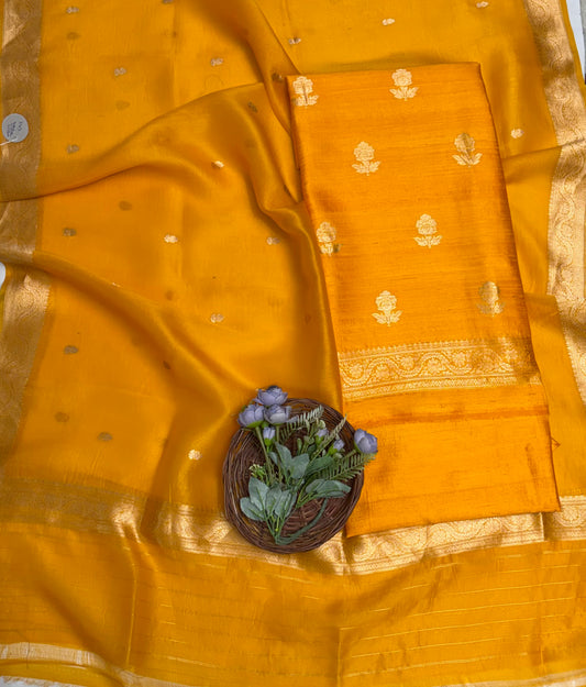 Pure Raw Silk Musturd Yellow  Suit Fabric / Banarasi Baithak